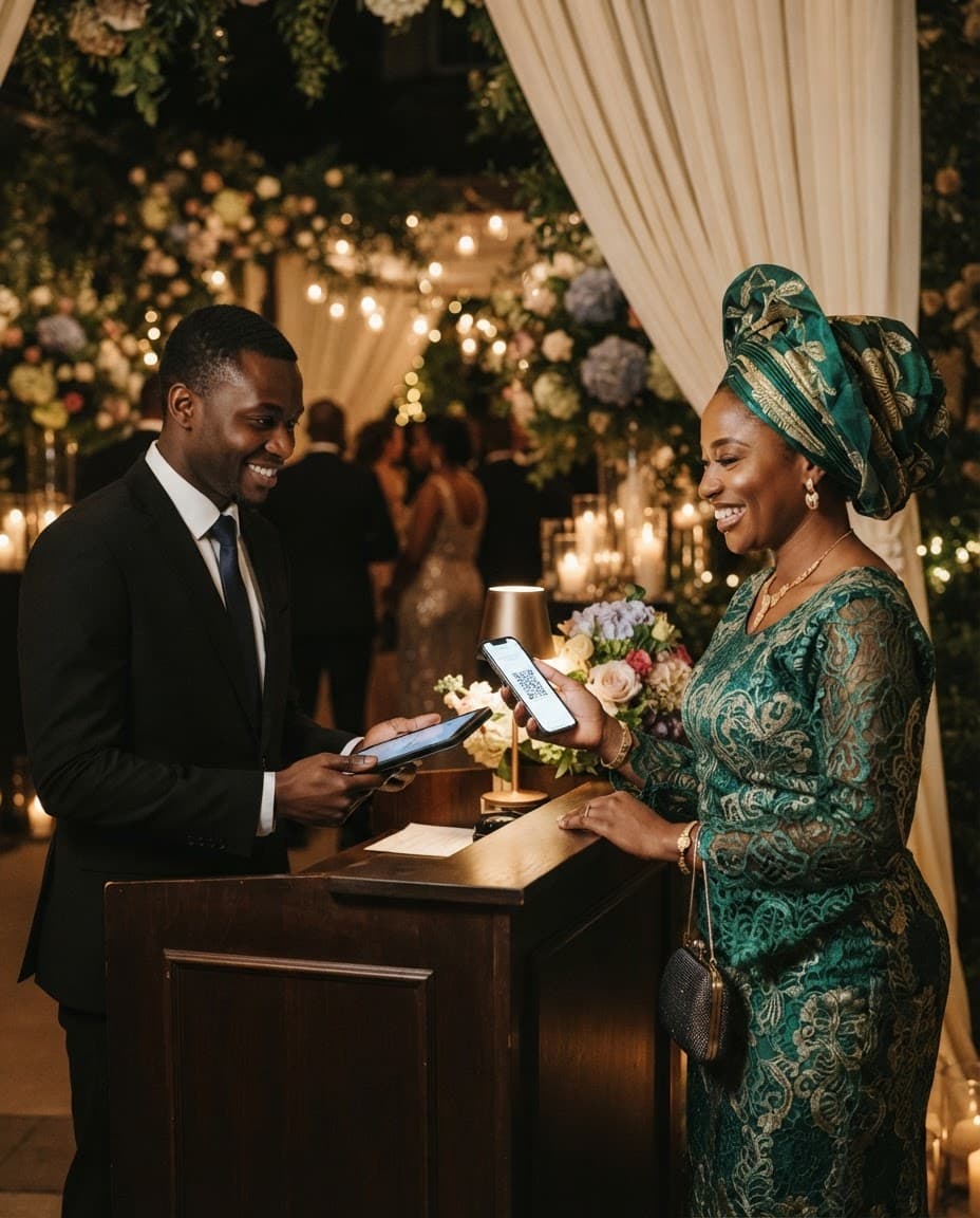 A guest showing her QR invitation to a gate attendant at an evening reception